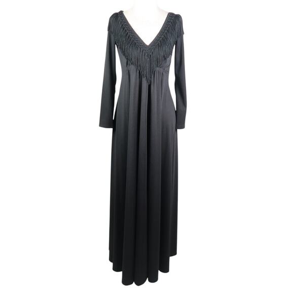 Vintage Dresses & Skirts - Vintage 70s Black Fringe Collar Trim Long Sleeve Maxi Dress 8